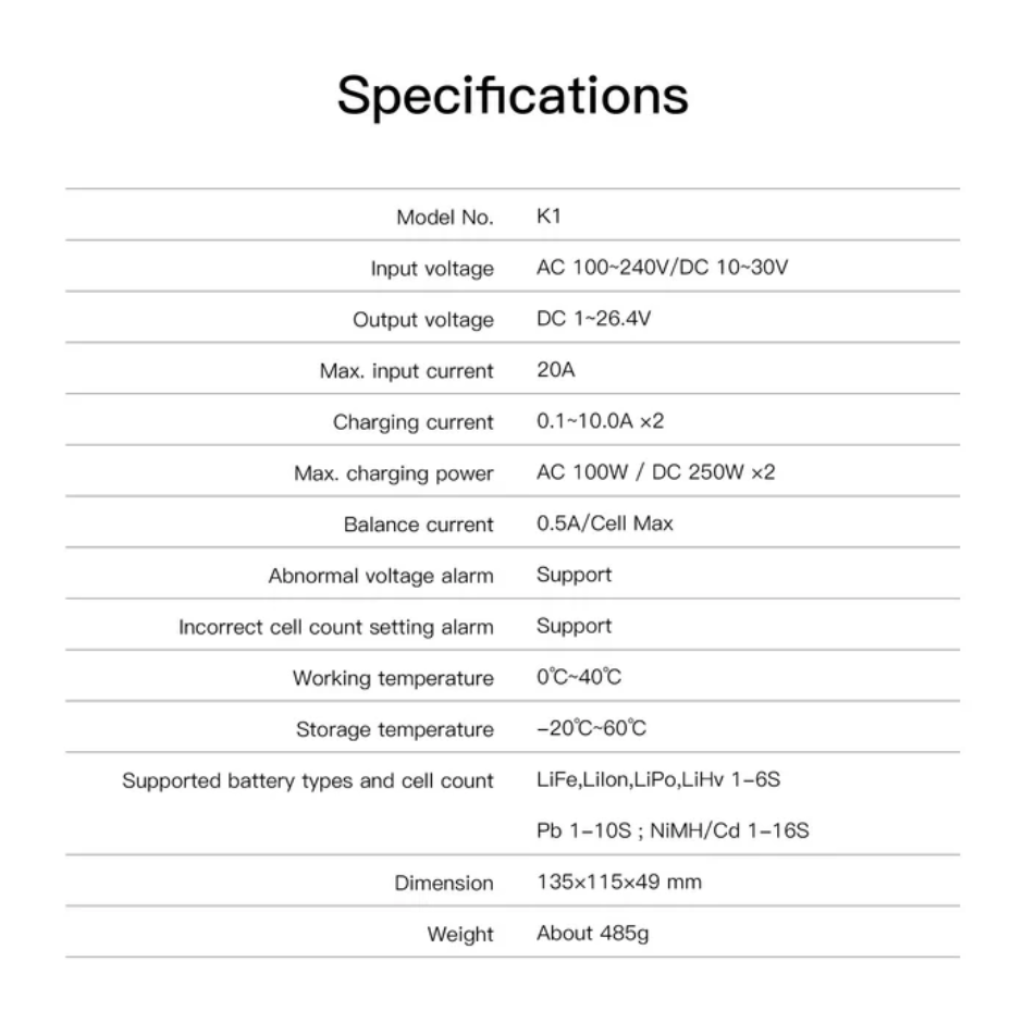 K1 Lipo Battery Balance Charger,1-6S AC 100W DC 2 x 250W 10A Smart Charger - Unmanned RC