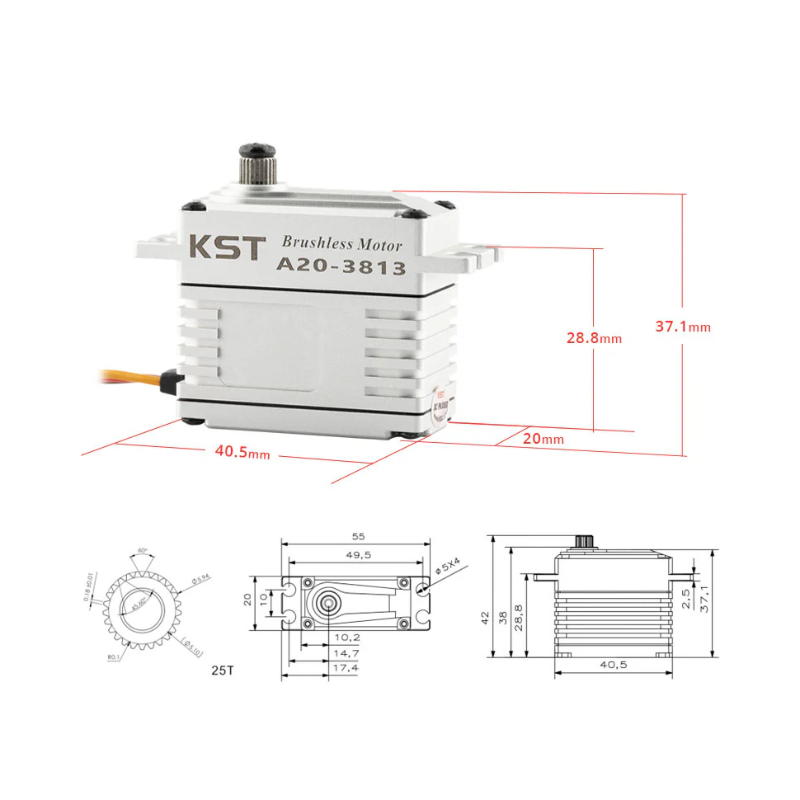 KST A20-3813 V8.0 Brushless HV Phosphor Bronze & Hardened Steel Gear Servo 43Kgf.cm 0.12sec/60degree - Unmanned RC