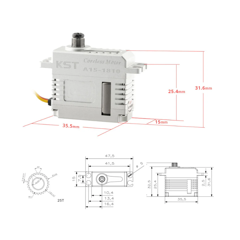 KST A15-1810 HV Phosphor Bronze & Hardened Steel Gear Standard Servo 20Kgf.cm 0.10sec/60° - Unmanned RC