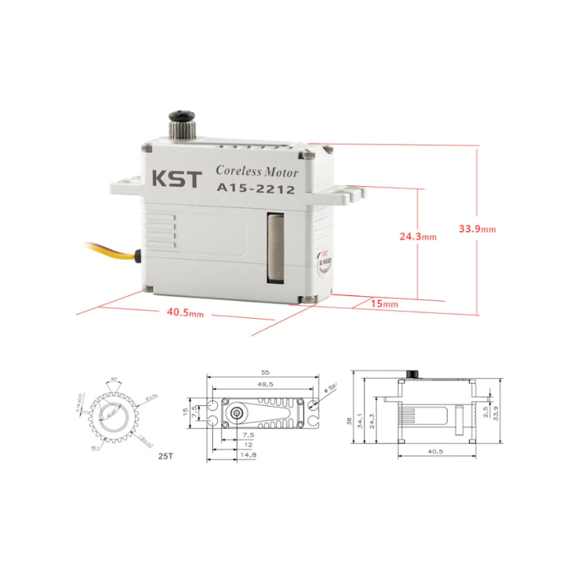 KST A15-2212 HV Phosphor Bronze & Hardened Steel Gear Servo 25Kgf.cm 0.11sec/60° for RC Airplanes - Unmanned RC