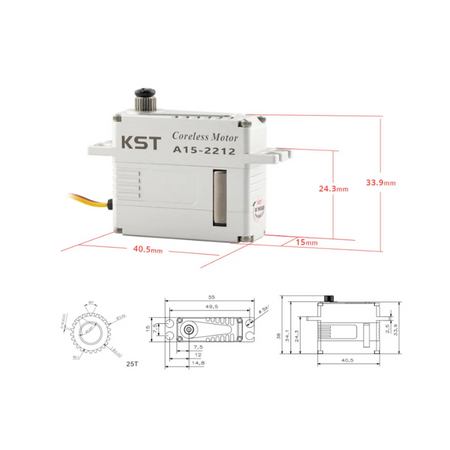 KST A15-2212 HV Phosphor Bronze & Hardened Steel Gear Servo 25Kgf.cm 0.11sec/60° for RC Airplanes - Unmanned RC