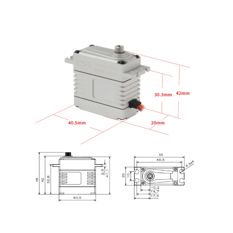 KST A20-4515 Brushless HV Phosphor Bronze & Hardened Steel Gear Servo 50Kgf.cm 0.13sec/60degree - Unmanned RC