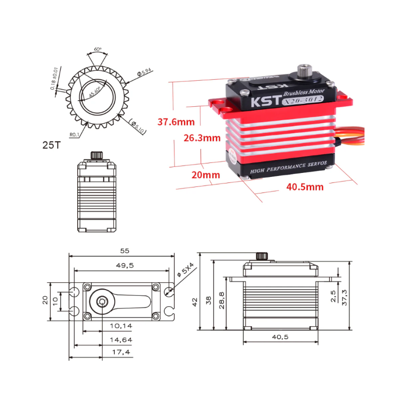 KST X20-3012 HV Brushless Digital Metal Gear Servo 35Kgf.cm 0.11sec for RC Cars, Aerobatic Airplanes and Jets - Unmanned RC