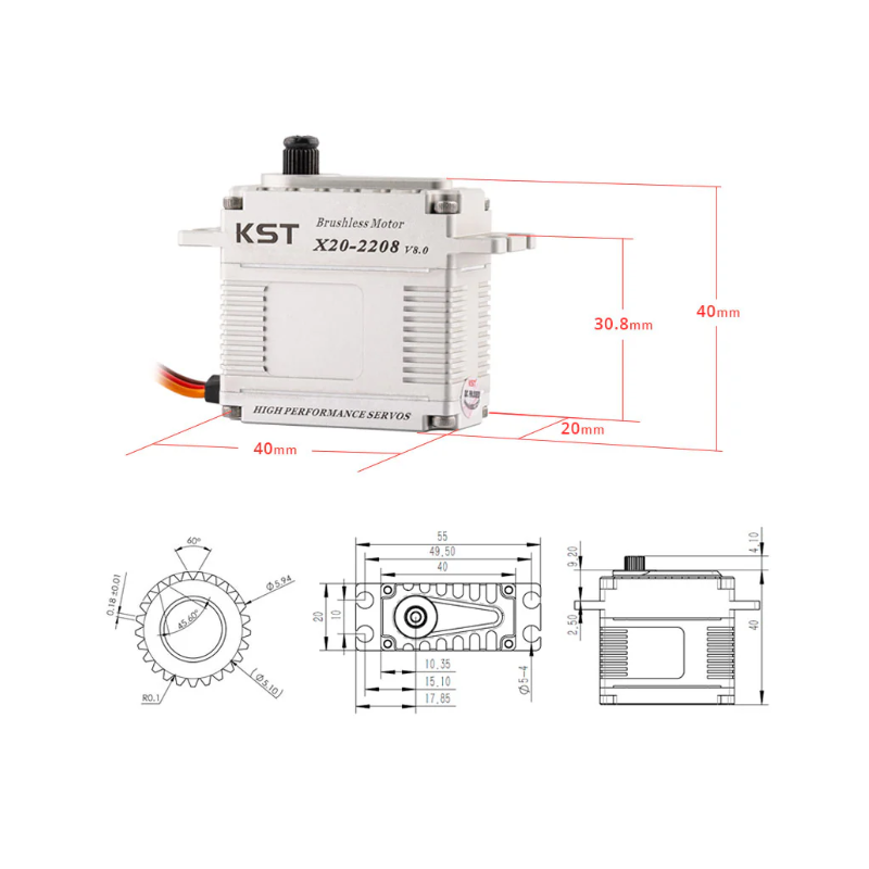 KST X20-2208 V8.0 Brushless HV Metal 6BB Servo 25Kgf.cm 0.07sec for RC Helicopter - Unmanned RC